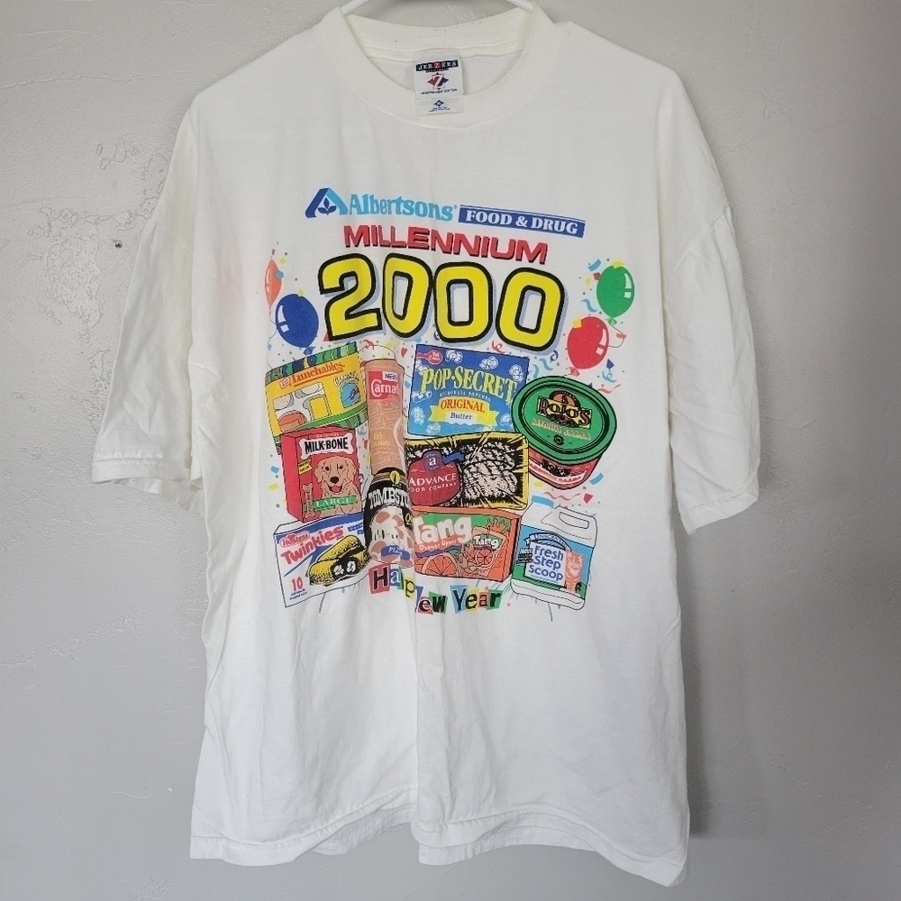 Jerzees Vintage White Short Sleeve T-shirt Albrentson's 2000 New Year Ad Tee XL